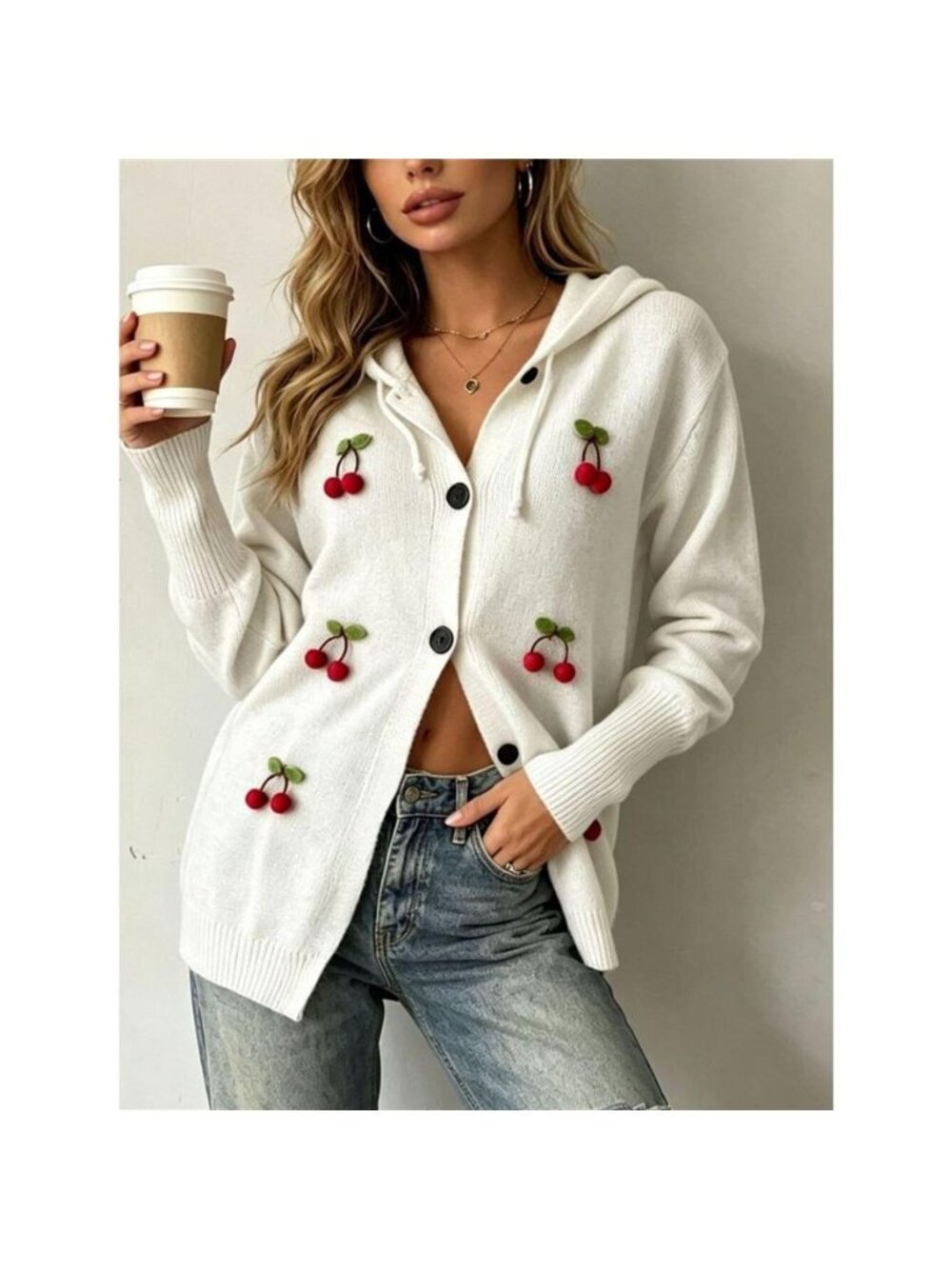 Full Size 3D Cherry Applique Hooded Cardigan Plus Size